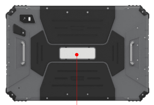The back of a 10.1" Rugged Multi-function Mobile Computer tablet with a red dot on it.