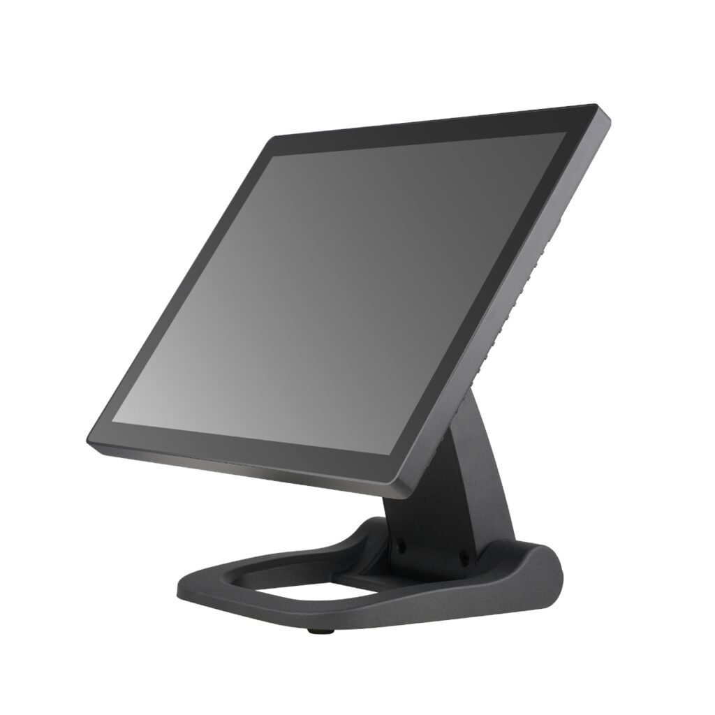 Black touchscreen monitor on a stand.