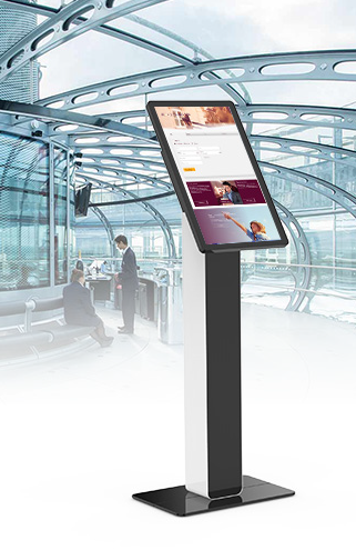 Interactive touchscreen kiosk in modern atrium