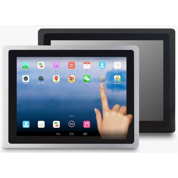 A GK-NWY-NT215F Custom 21.5" Android Panel - IP65 - PC/HMI for Kiosks and Control with a hand pointing at it.