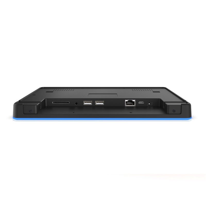 The back of a black GK-PL1032A 10.1" Glass Wall Mount Android PoE Tablet w LED Bar & NFC/RFID with a blue screen. The back of a black GK-PL1032A 10.1" Glass Wall Mount Android PoE Tablet w LED Bar & NFC/RFID with a blue screen.