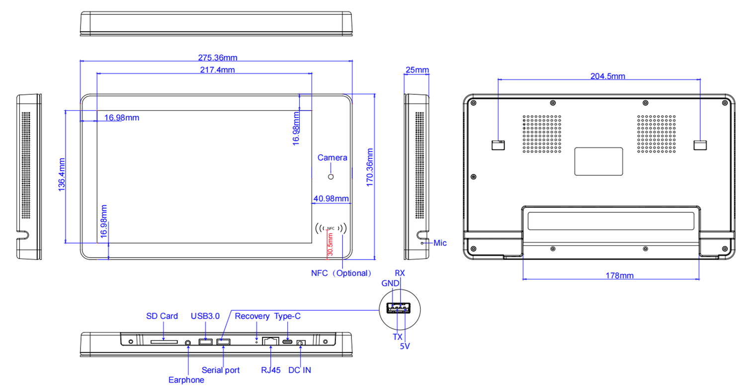 Technical drawings of a tablet device. Technical drawings of a tablet device.