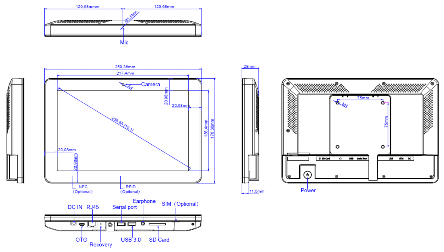 Tablet enclosure dimensional blueprint showing ports Tablet enclosure dimensional blueprint showing ports