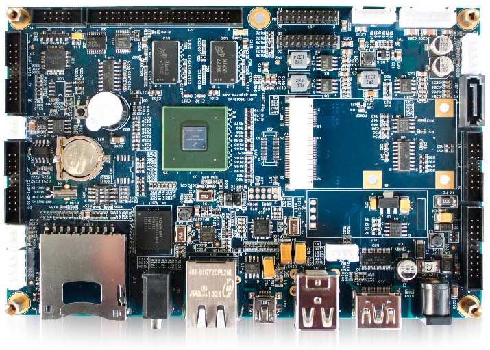 An embedded blue board with a number of industrial components. An embedded blue board with a number of industrial components.