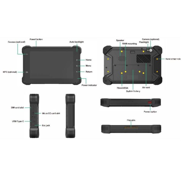 A diagram showing the parts of a GK-N777 7" Android in-vehicle ELD tablet with CAN Bus for fleet management.