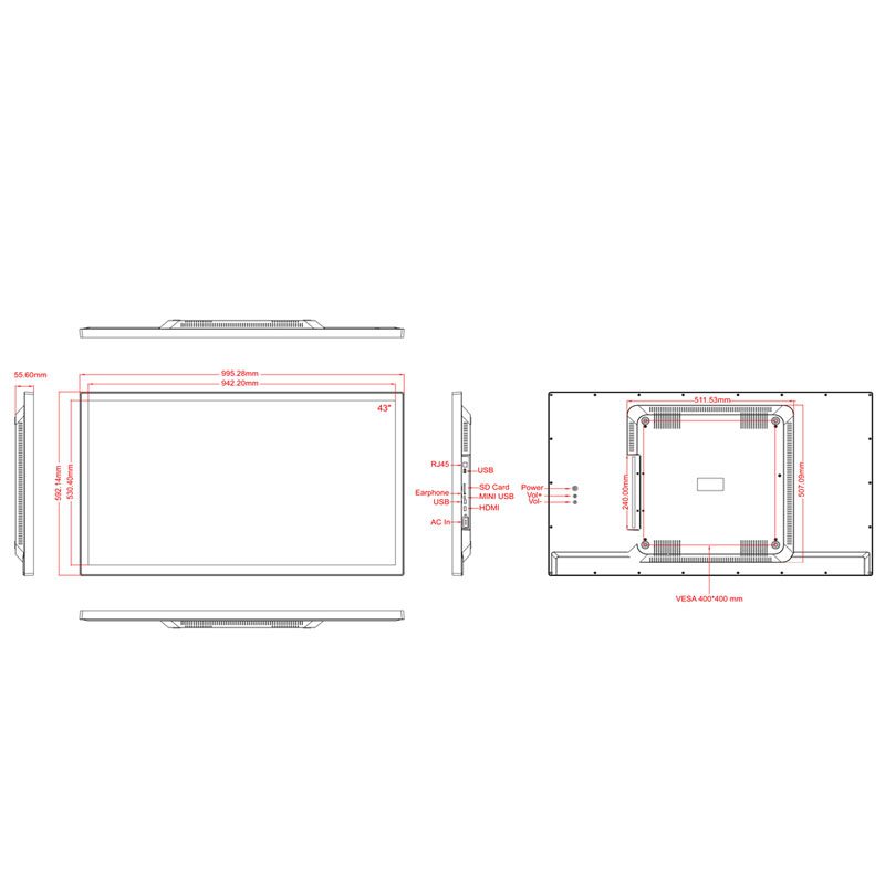 A drawing showing the dimensions of a GK-VR43-3399-4G32G-V11 43" Android AIO Large Touch Screen Digital Signage Display. A drawing showing the dimensions of a GK-VR43-3399-4G32G-V11 43" Android AIO Large Touch Screen Digital Signage Display.