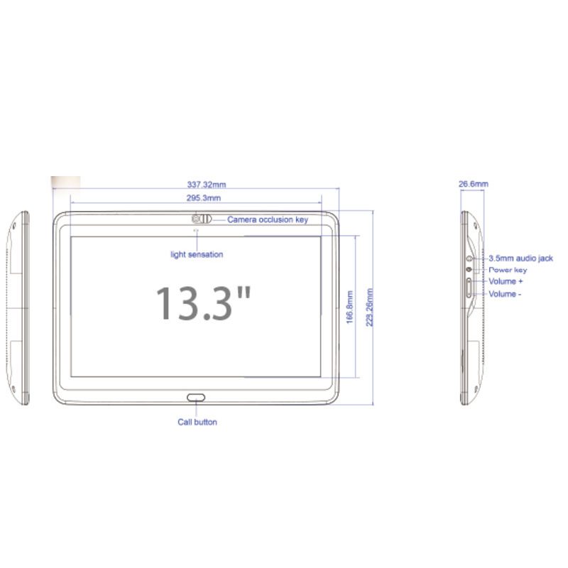 A diagram showing the dimensions of a GK-WH133-RK3288-A8.1-DS/TM 13.3" Android PoE Tablet for Telemedicine and Digital Signage. A diagram showing the dimensions of a GK-WH133-RK3288-A8.1-DS/TM 13.3" Android PoE Tablet for Telemedicine and Digital Signage.