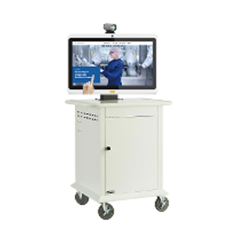 A white cart with a GK-WH133-RK3288-A8.1-DS/TM 13.3" Android PoE Tablet for Telemedicine and Digital Signage on it. A white cart with a GK-WH133-RK3288-A8.1-DS/TM 13.3" Android PoE Tablet for Telemedicine and Digital Signage on it.