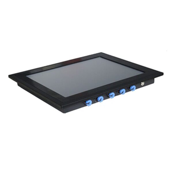 An GK-IP-ENX12QF 12" industrial IP67 waterproof panel PC, featuring a black panel with blue buttons.