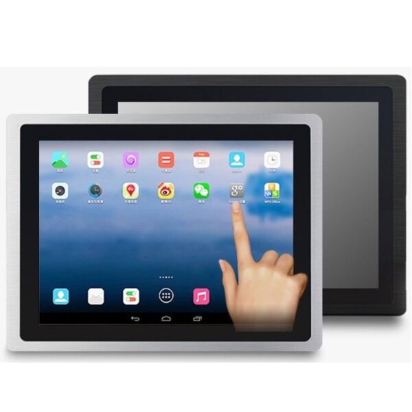 A GK-NWY-NT17F-AND 17.1-inch IP65 Android panel pc/HMI for IoT & Industrial Applications with a hand pointing at it.
