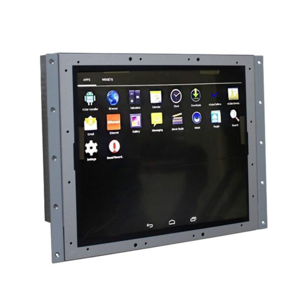 An GK-SFGND21RF 21" IP67 waterproof / dustproof Windows 10 Industrial Panel PC screen mounted on a wall.