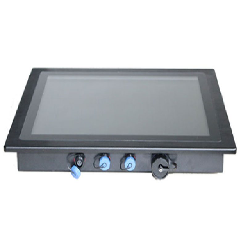 An GK-HM7-67A 7" Android Outdoor IP67 full waterproof dustproof touchscreen embedded panel PC with a black LCD screen and blue buttons on it. An GK-HM7-67A 7" Android Outdoor IP67 full waterproof dustproof touchscreen embedded panel PC with a black LCD screen and blue buttons on it.