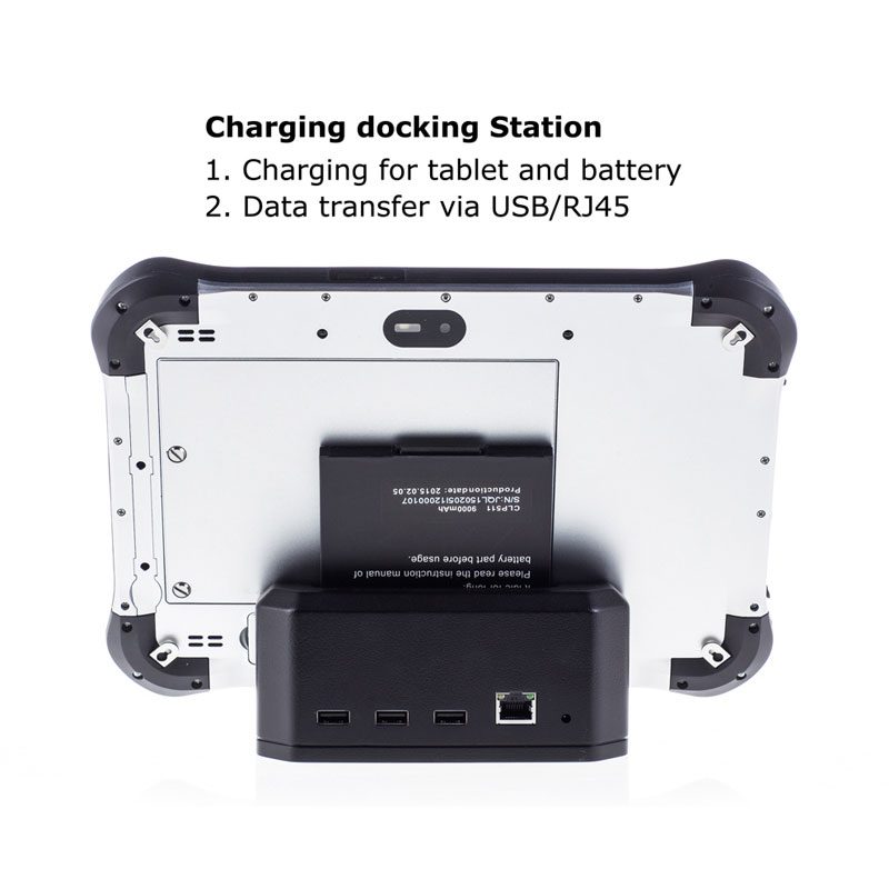 The GKR610W 10.1" Rugged Windows 10 Pro tablet with barcode & RFID reader with a charging docking station. The GKR610W 10.1" Rugged Windows 10 Pro tablet with barcode & RFID reader with a charging docking station.