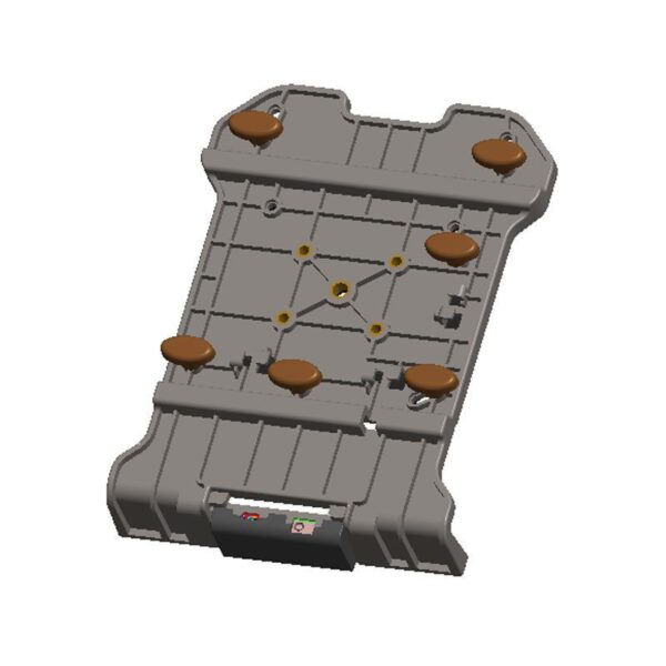 A GKR610W-VM Vehicle Docking Station of a gray tray with brown buttons.
