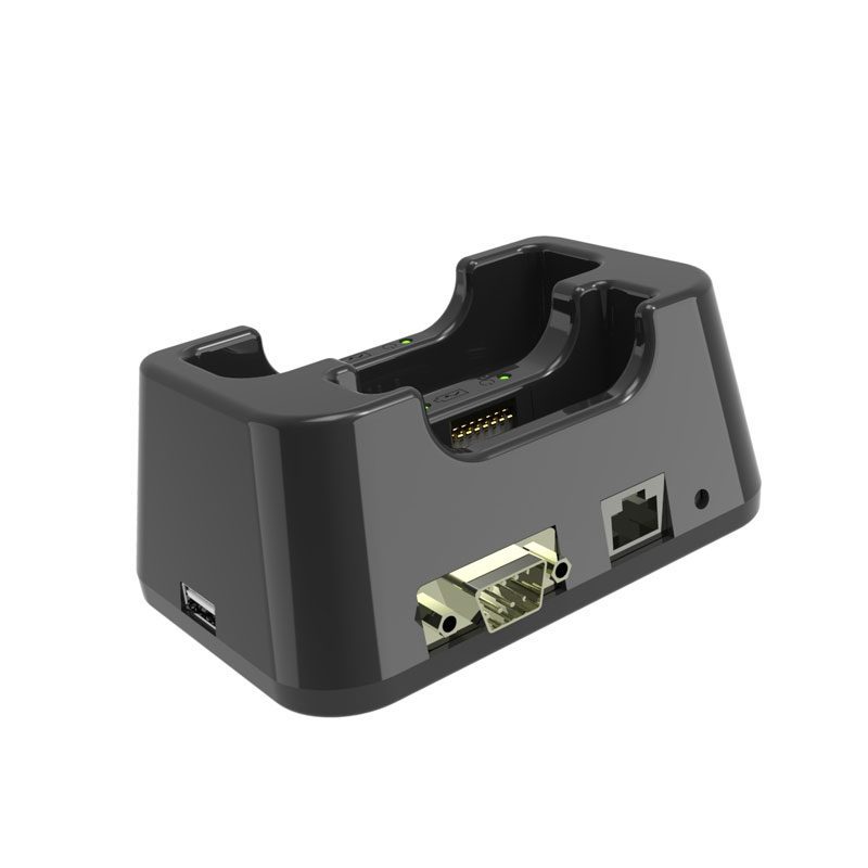 A black GKSH55W 5.5" Rugged Windows OS handheld with barcode & RFID/UHF reader docking station with two ports on it. A black GKSH55W 5.5" Rugged Windows OS handheld with barcode & RFID/UHF reader docking station with two ports on it.
