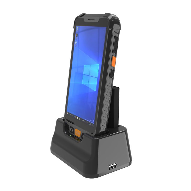 A GKSH55W 5.5" Rugged Windows OS handheld with barcode & RFID/UHF reader is sitting on top of a docking station. A GKSH55W 5.5" Rugged Windows OS handheld with barcode & RFID/UHF reader is sitting on top of a docking station.