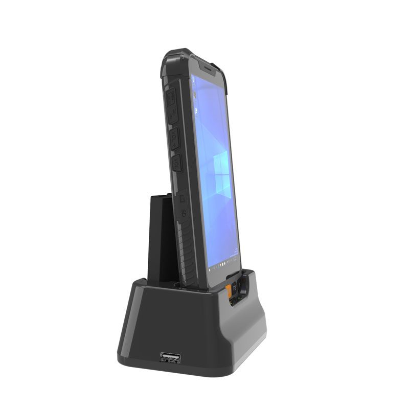A GKSH55W 5.5" Rugged Windows OS handheld with barcode & RFID/UHF reader is sitting on top of a docking station. A GKSH55W 5.5" Rugged Windows OS handheld with barcode & RFID/UHF reader is sitting on top of a docking station.