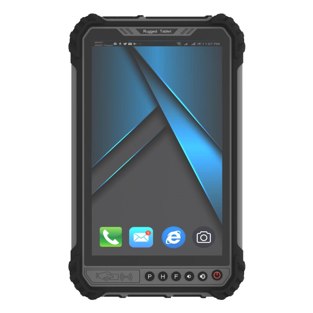 An 8" Android 11 Rugged Handheld Tablet with barcode scanner with a blue screen. An 8" Android 11 Rugged Handheld Tablet with barcode scanner with a blue screen.