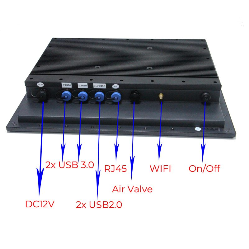 An GK-HMI-WIN-IP67-21 21-inch IP67 waterproof Windows Industrial Panel PC HMI with a number of different devices, including a 21" display. An GK-HMI-WIN-IP67-21 21-inch IP67 waterproof Windows Industrial Panel PC HMI with a number of different devices, including a 21" display.