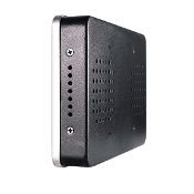 A sleek black box positioned on a pristine white background.
