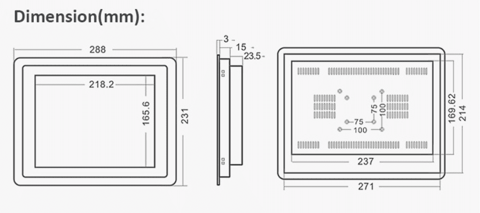 A detailed drawing illustrating the dimensions of a GK-IND-IP67-WIN10 10-inch IP67 waterproof Windows industrial panel PC HMI. A detailed drawing illustrating the dimensions of a GK-IND-IP67-WIN10 10-inch IP67 waterproof Windows industrial panel PC HMI.