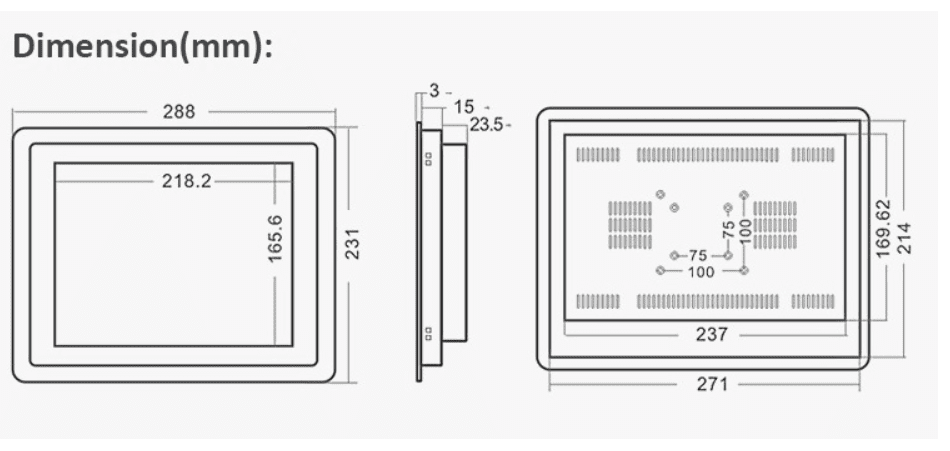 A diagram showing the dimensions of a GK-NWY-NT12F-AND-V11 12 inch Android Touch Panel PC HMI for Industrial Applications. A diagram showing the dimensions of a GK-NWY-NT12F-AND-V11 12 inch Android Touch Panel PC HMI for Industrial Applications.