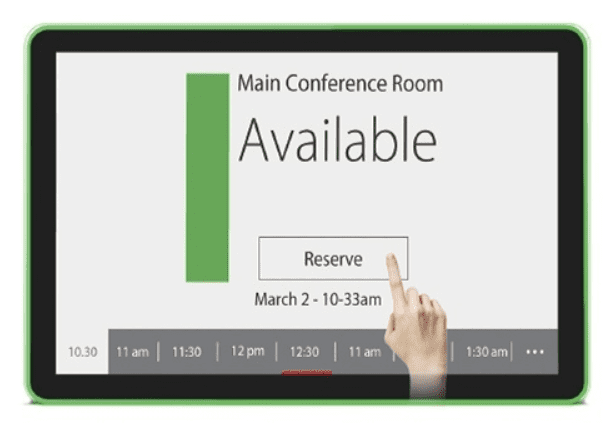 A GK-1052PL-MR 10" Android POE Wall Mount Meeting Room Display w LED status bar (Optional Meeting Room App) displaying the main conference room available. A GK-1052PL-MR 10" Android POE Wall Mount Meeting Room Display w LED status bar (Optional Meeting Room App) displaying the main conference room available.