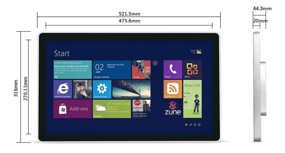 The dimensions of the GK-VR215-WIN-KDS 21.5-inch Windows touch screen AIO with I5 8GB RAM/ 128 GB ROM - for KDS, POS and digital signage tablet. The dimensions of the GK-VR215-WIN-KDS 21.5-inch Windows touch screen AIO with I5 8GB RAM/ 128 GB ROM - for KDS, POS and digital signage tablet.