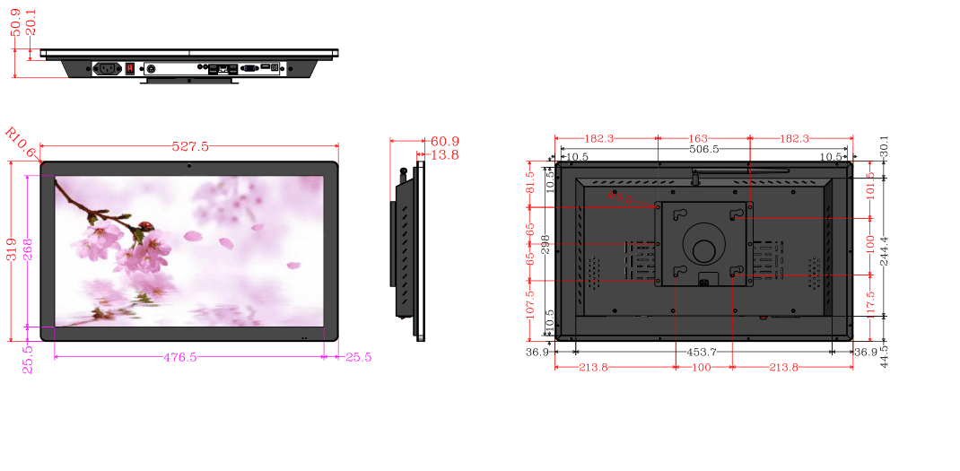 A diagram illustrating the dimensions of a GK-VR215-WIN-KDS 21.5-inch Windows touch screen AIO with I5 8GB RAM/ 128 GB ROM - for KDS, POS and digital signage. A diagram illustrating the dimensions of a GK-VR215-WIN-KDS 21.5-inch Windows touch screen AIO with I5 8GB RAM/ 128 GB ROM - for KDS, POS and digital signage.