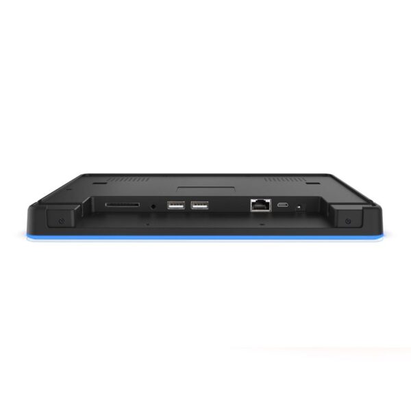 A black laptop with a blue screen for GK-1052PL-MR 10" Android POE Wall Mount Meeting Room Display w LED status bar (Optional Meeting Room App).