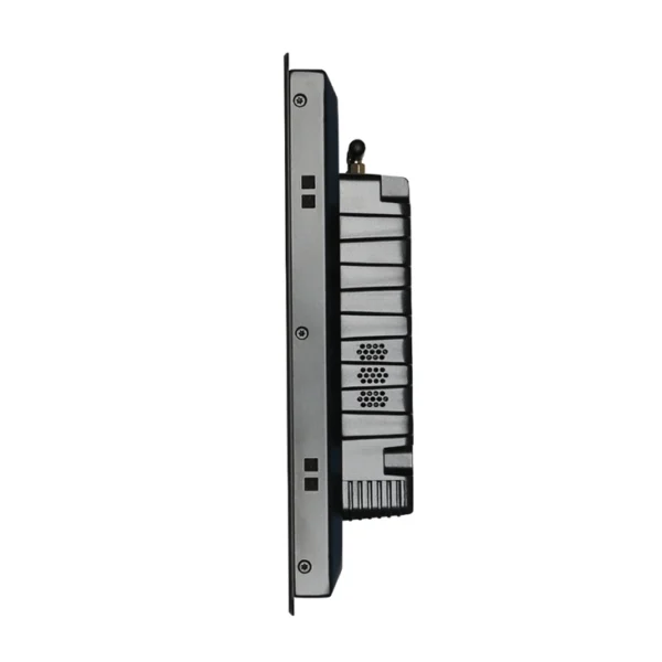 Slim black electronic device side view.