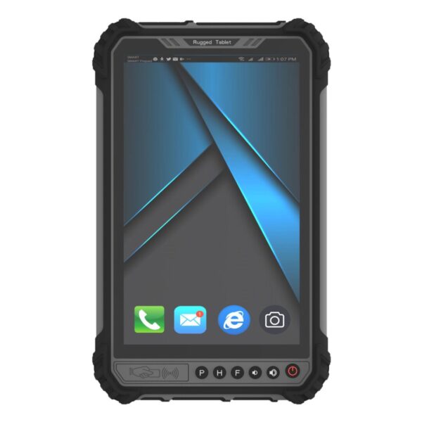 A GK-ST9W-I5 8" Windows 11 Pro rugged handheld tablet with barcode scanner with a blue screen.