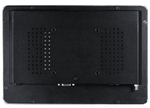 A black GK-TD101-WIN - 10 inch embedded touchscreen Windows 10 Pro industrial PC HMI, mounted on a white background, displaying vivid imagery.