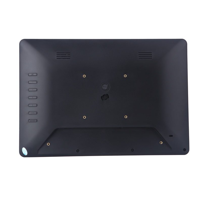 The back of a black tablet computer. The back of a black tablet computer.