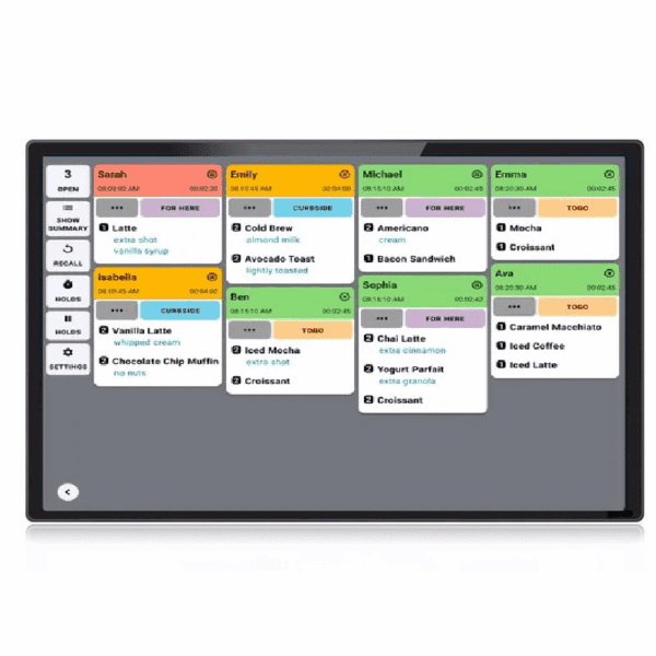 Order management screen with food and drink items.