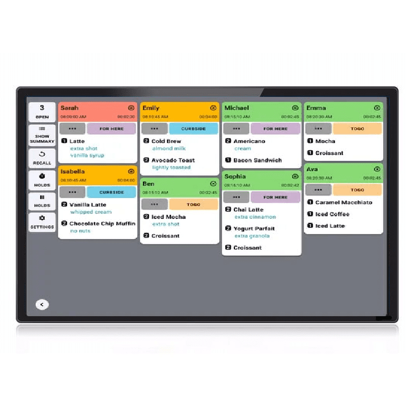 Order management screen with food and drink items. Order management screen with food and drink items.