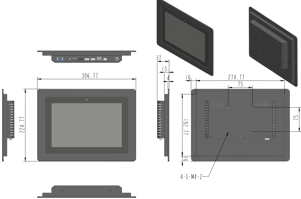 A diagram showing the dimensions of a GK-QR101-N 10.1" Android 11 PoE in-wall touch screen tablet PC - brushed aluminum case. A diagram showing the dimensions of a GK-QR101-N 10.1" Android 11 PoE in-wall touch screen tablet PC - brushed aluminum case.