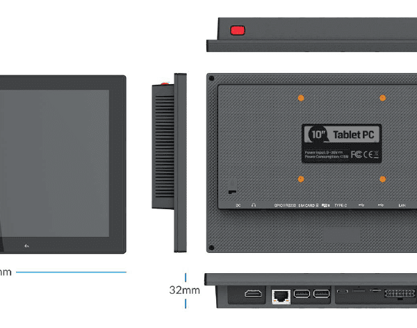 A diagram showing the dimensions of a GKDM1010R 10-inch Android Panel PC / HMI for BACNet, HVAC control 1000 Nits display tablet and a mobile phone.