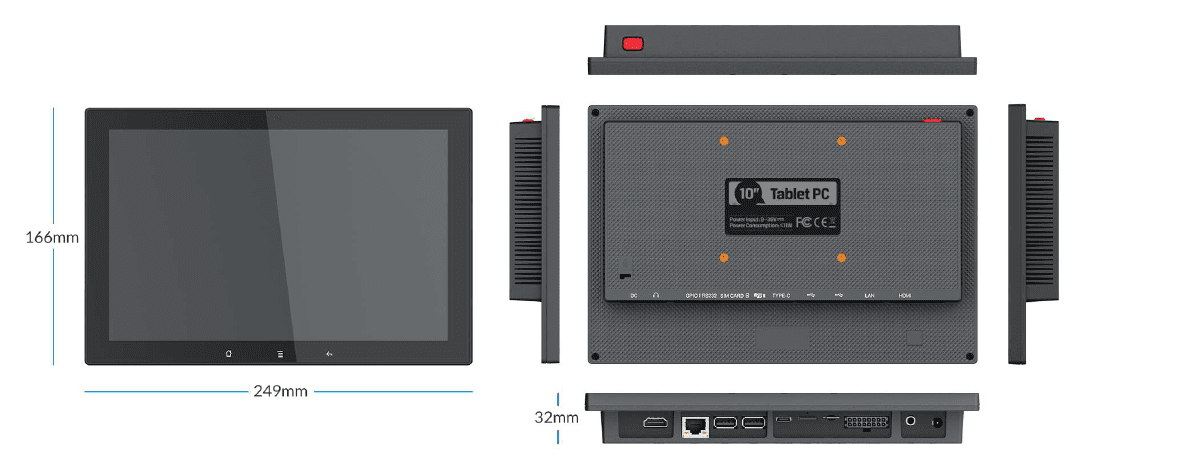 A diagram showing the dimensions of a GKDM1010R 10-inch Android Panel PC / HMI for BACNet, HVAC control 1000 Nits display tablet and a mobile phone. A diagram showing the dimensions of a GKDM1010R 10-inch Android Panel PC / HMI for BACNet, HVAC control 1000 Nits display tablet and a mobile phone.