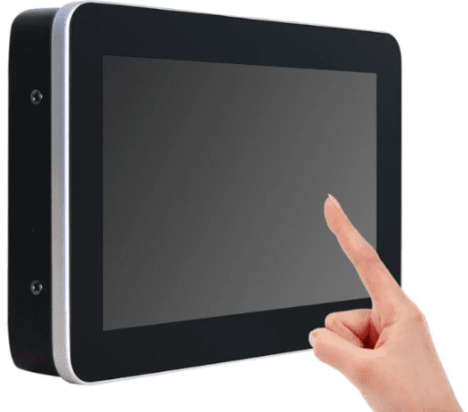 A finger touching the screen of a device A finger touching the screen of a device