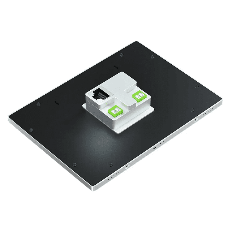 An GK-YCSM10P-V11 10" Android 11 PoE in-wall flush mount or US gang box mount tablet PC with a green light on it. An GK-YCSM10P-V11 10" Android 11 PoE in-wall flush mount or US gang box mount tablet PC with a green light on it.