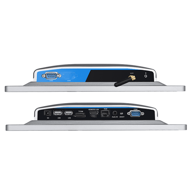 Two 15" GK-NWY15M Industrial Touchscreen Monitors, one with a blue screen and the other with a black screen. Two 15" GK-NWY15M Industrial Touchscreen Monitors, one with a blue screen and the other with a black screen.