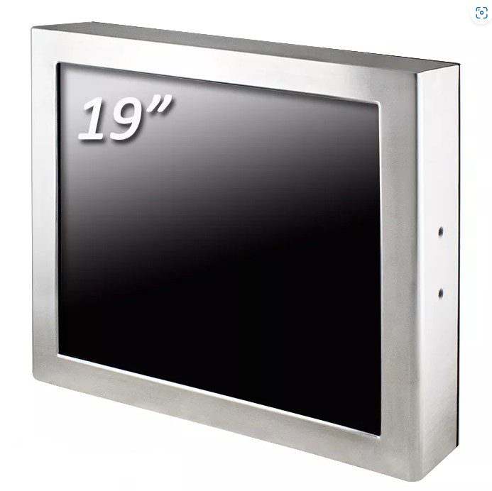 19-inch J1900 Full IP65 Touch IPC with a stainless steel frame and a black screen. 19-inch J1900 Full IP65 Touch IPC with a stainless steel frame and a black screen.