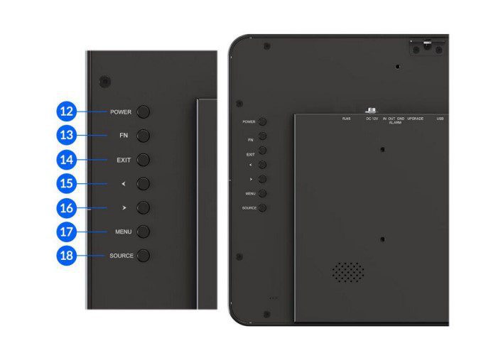 Two views of a GKIPVA1330 13.3-inch full HD advertising digital signage monitor, showcasing side control buttons and the back connectivity panel. Two views of a GKIPVA1330 13.3-inch full HD advertising digital signage monitor, showcasing side control buttons and the back connectivity panel.