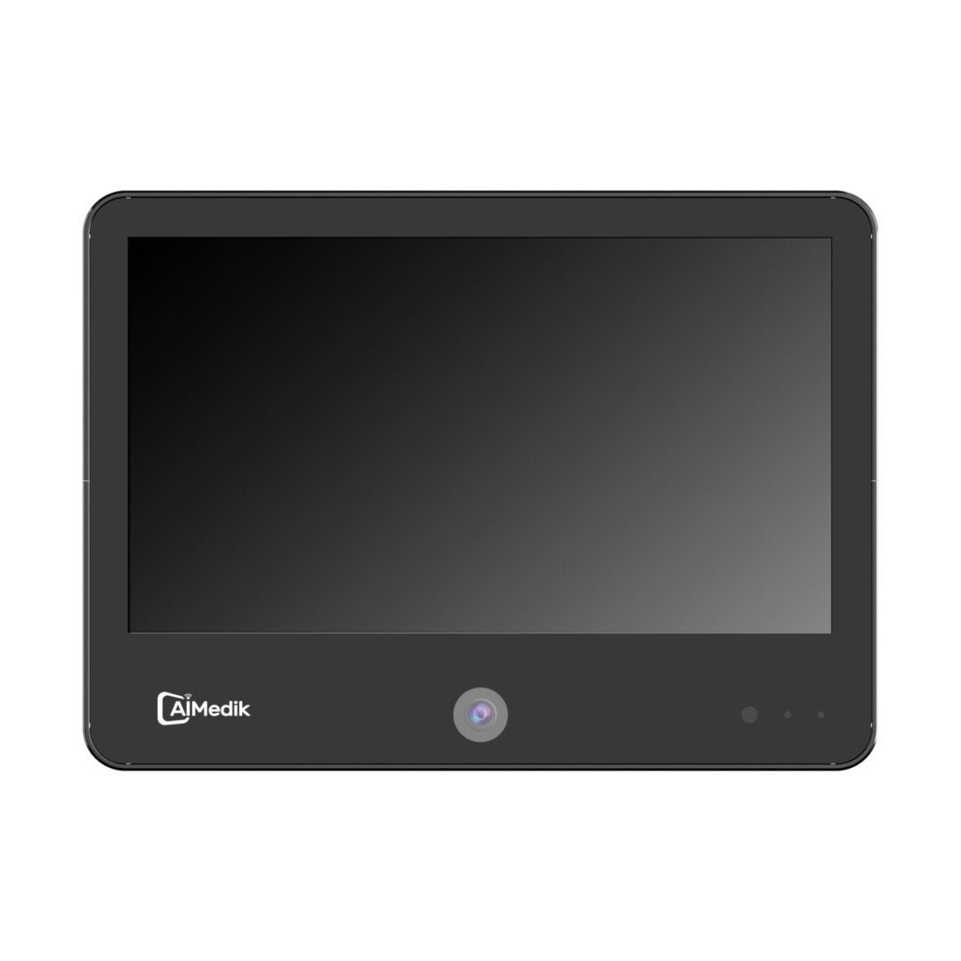 A black tablet with the logo "aimedik" on the bottom bezel, designed for surveillance video recording, and a central home button below the screen. A black tablet with the logo "aimedik" on the bottom bezel, designed for surveillance video recording, and a central home button below the screen.