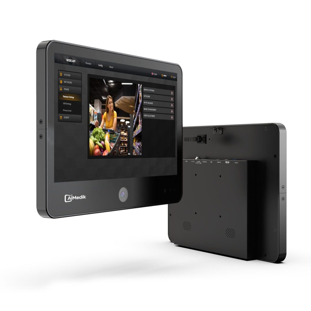 Two GKIPV1330 13.3-inch Full HD IP Public View Surveillance Video Recording Monitors showing patient data interfaces, one facing front and the other turned to show its side profile. Two GKIPV1330 13.3-inch Full HD IP Public View Surveillance Video Recording Monitors showing patient data interfaces, one facing front and the other turned to show its side profile.