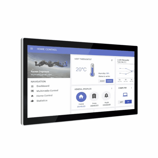 Smart home control interface on touchscreen display.