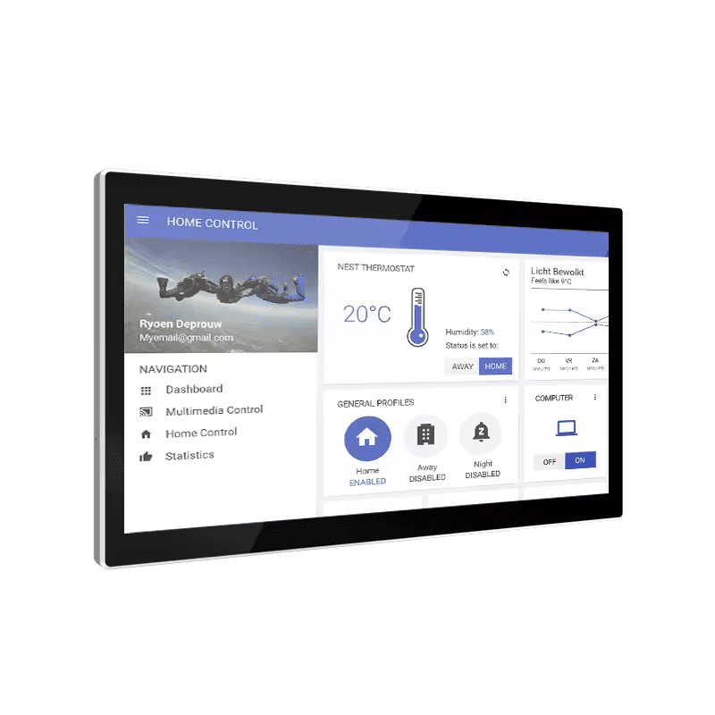 Smart home control interface on touchscreen display. Smart home control interface on touchscreen display.