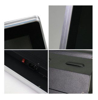 Close-up collage of a 43-inch capacitive touch screen all in one's various details, including edge, hinge, power port, and status LED. Close-up collage of a 43-inch capacitive touch screen all in one's various details, including edge, hinge, power port, and status LED.