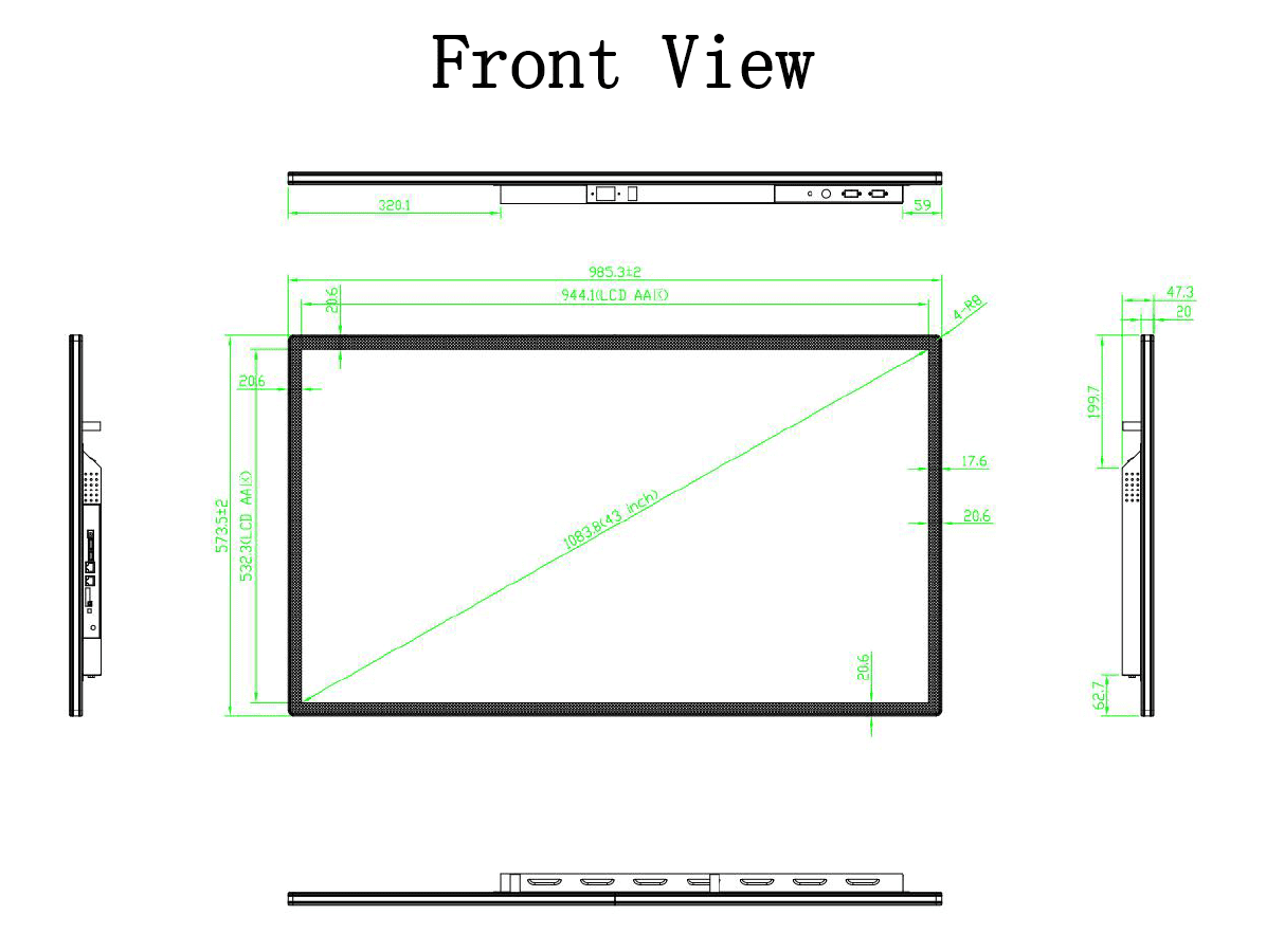 Front view technical drawing of a display. Front view technical drawing of a display.